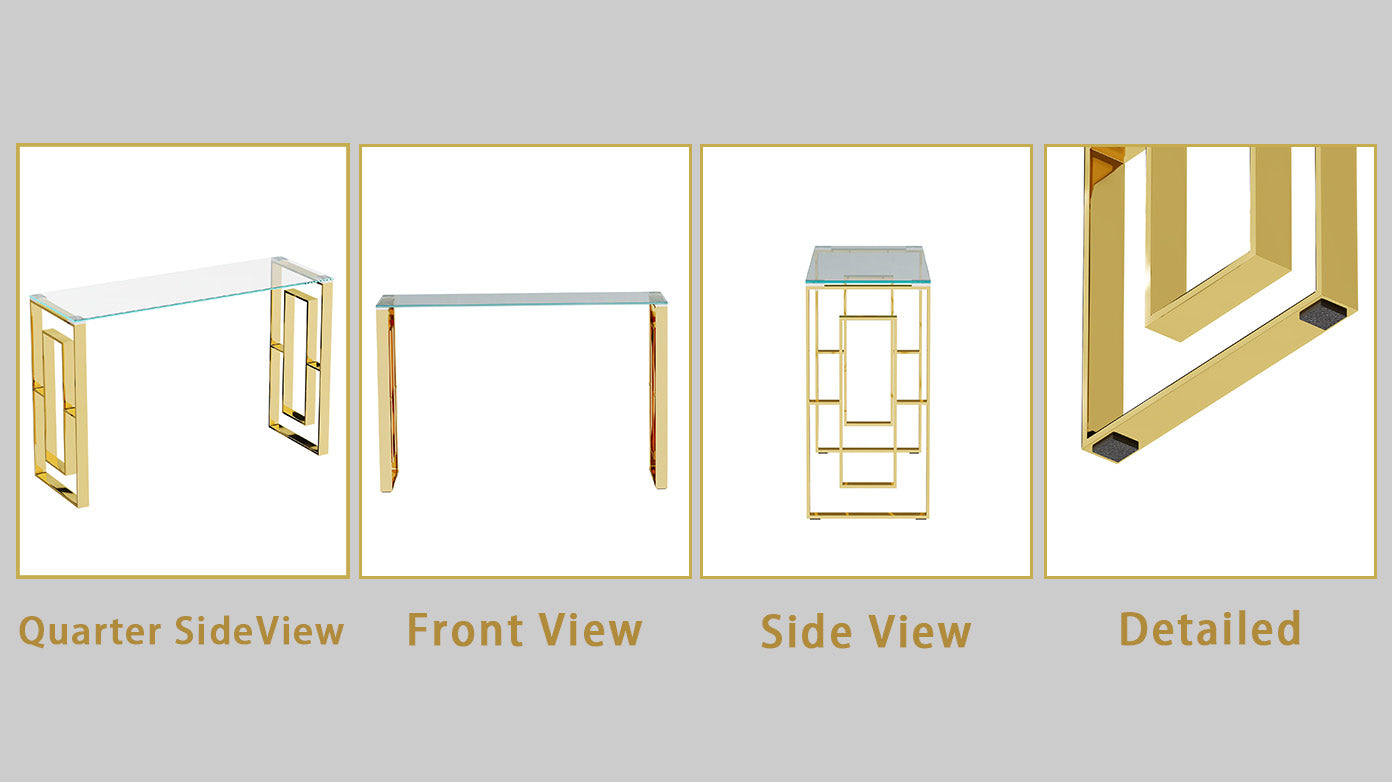 Modern glass top console table with geometric gold metal frame