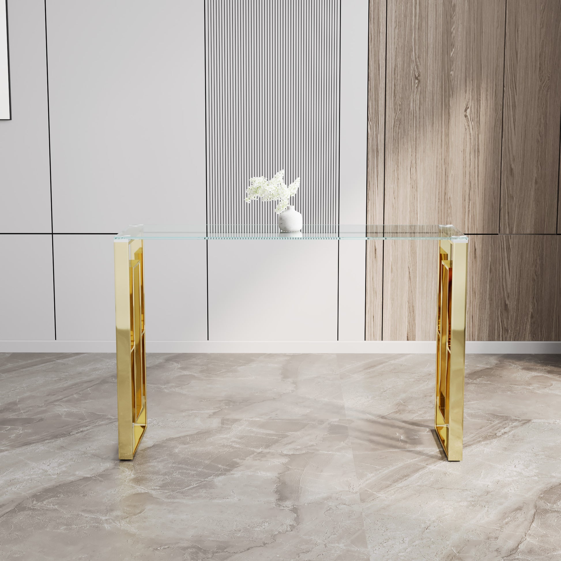 Sleek glass console table with polished gold metal legs featuring an art deco design for modern living rooms