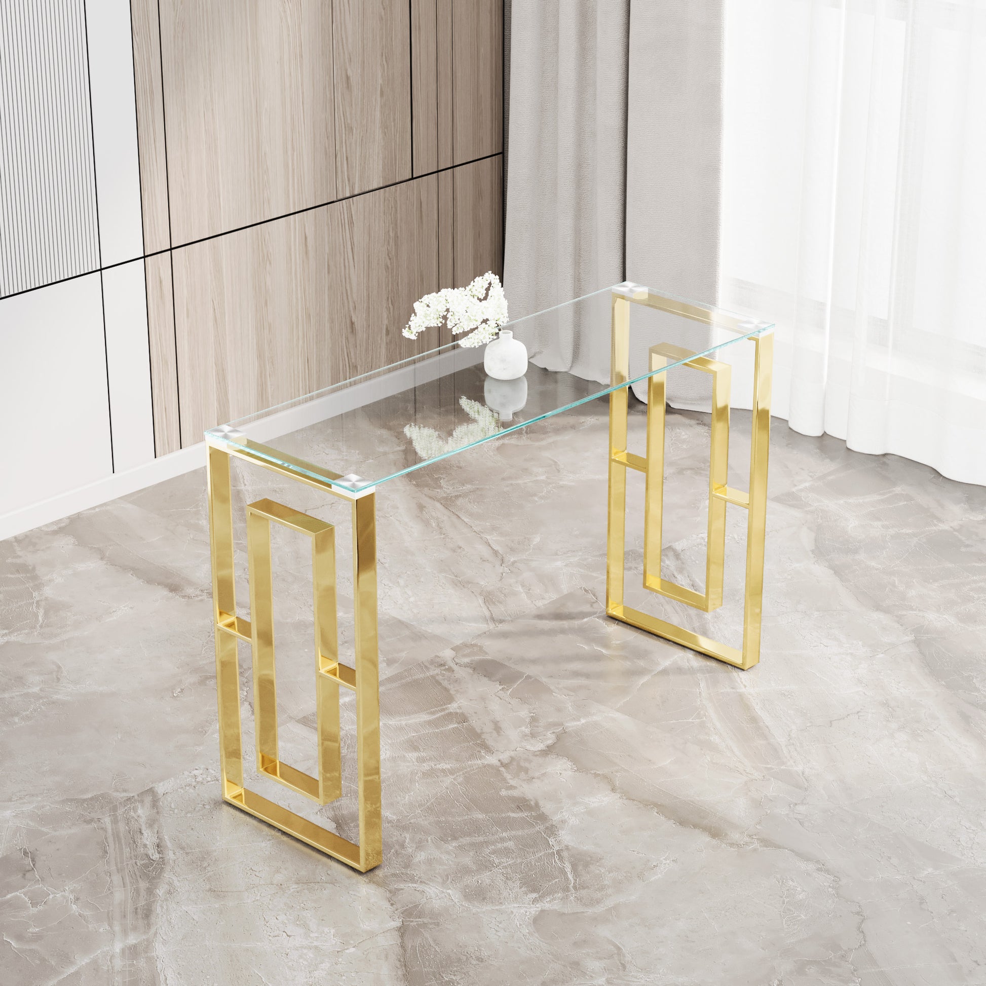 Glass console table with polished gold geometric legs modern entry table