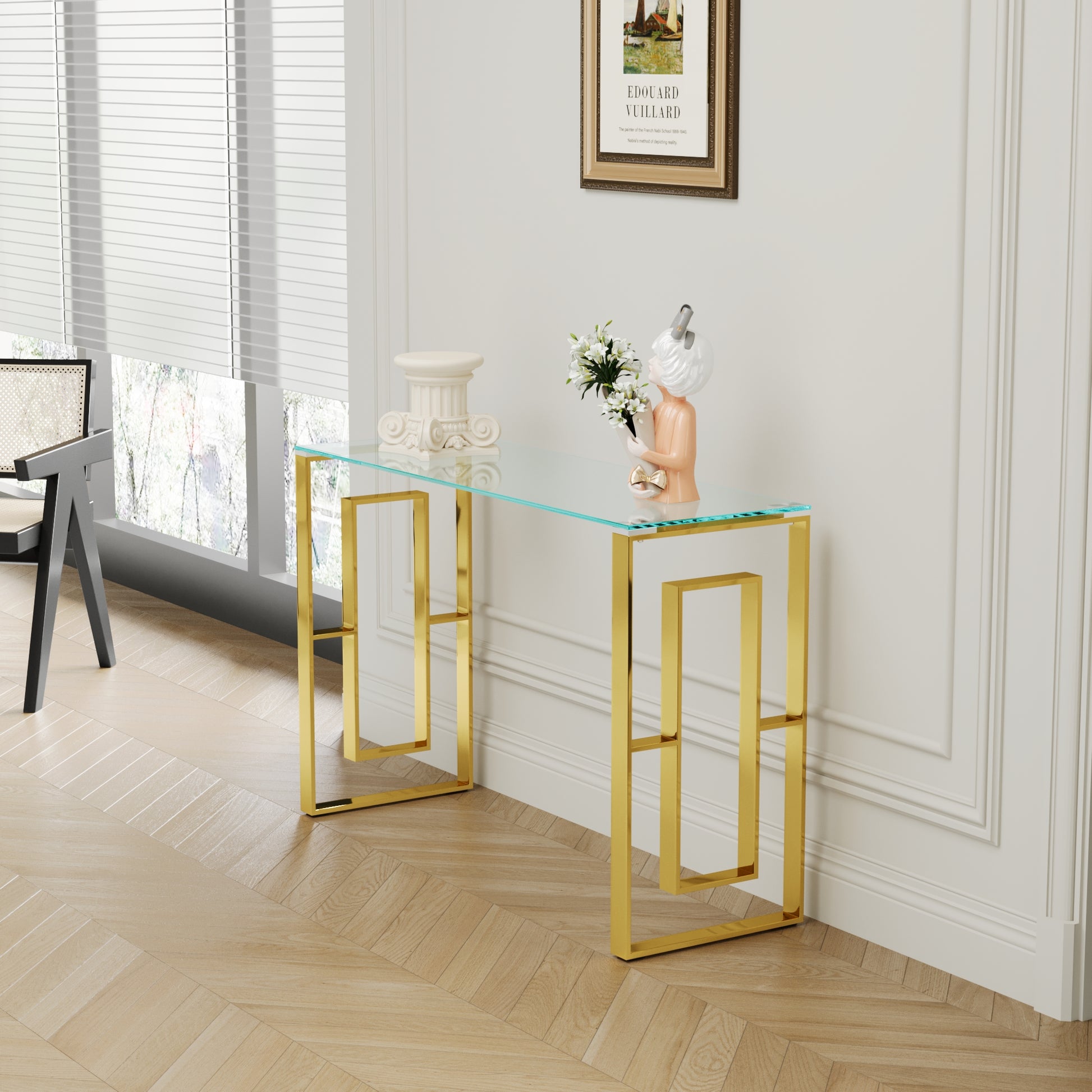 Modern glass console table with a gold geometric base Elegant and stylish