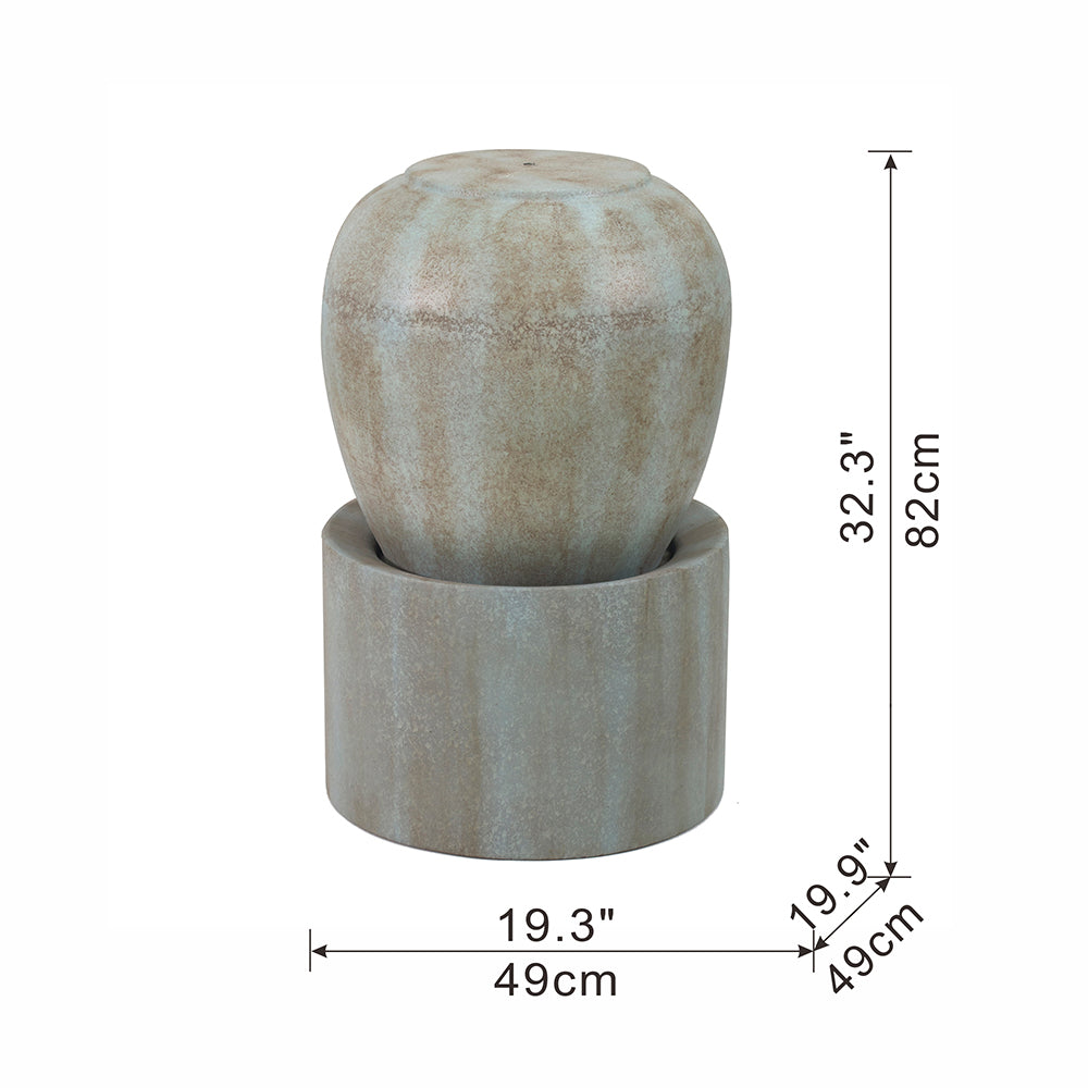 Stone garden fountain with a rounded urn on a cylindrical base beige and blue finish