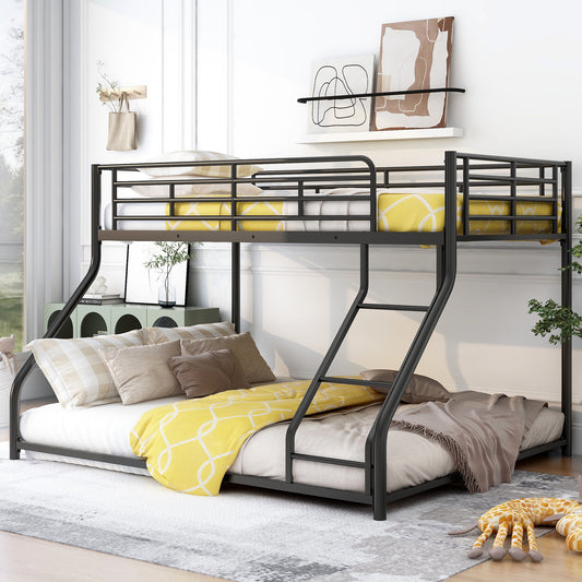 TREATLIFE HOME Metal Floor Bunk Bed Twin XL Over Queen with Contemporary Design, Space-Saving, Black