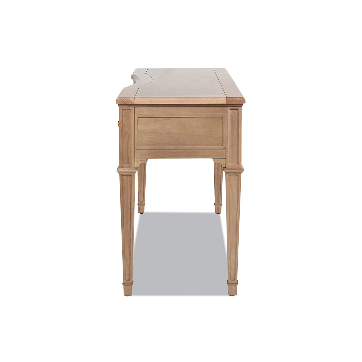 Light oak wooden writing desk with carved legs and a single drawer French provincial style