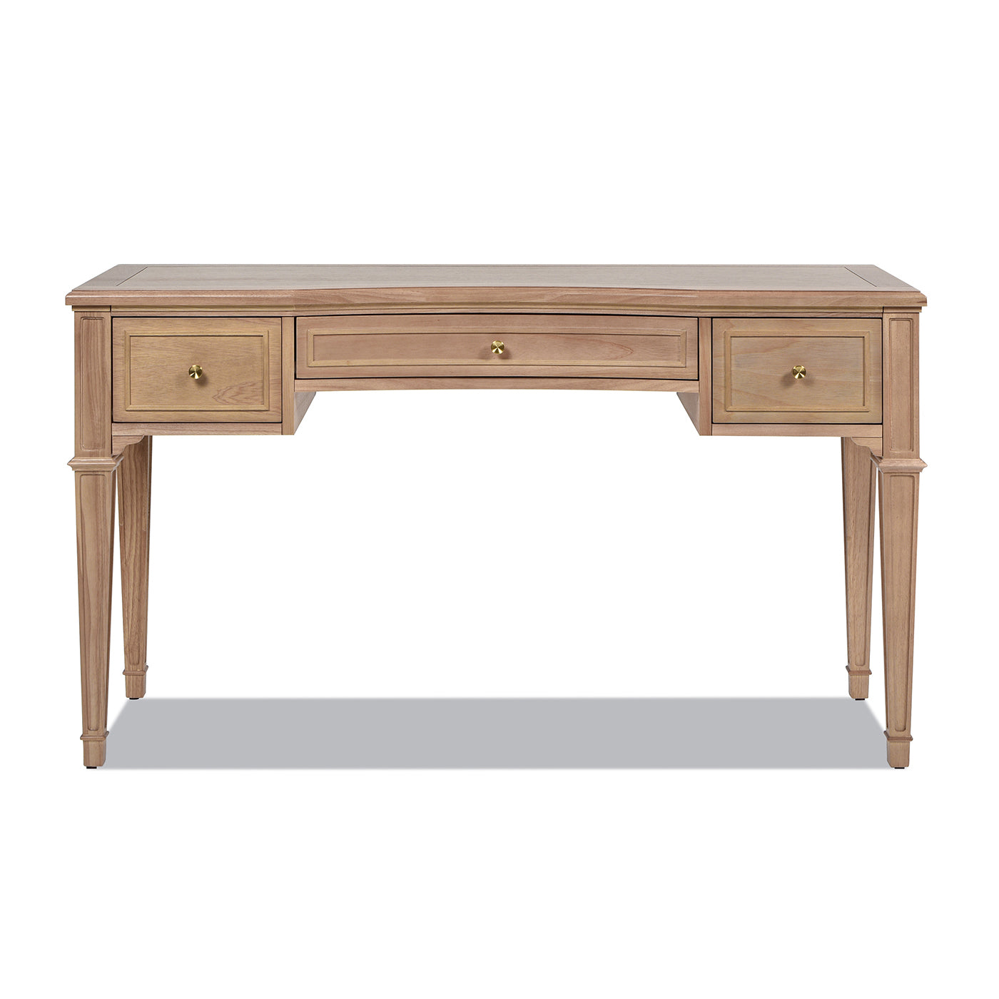 Light wood writing desk with three drawers and brass knobs classic design