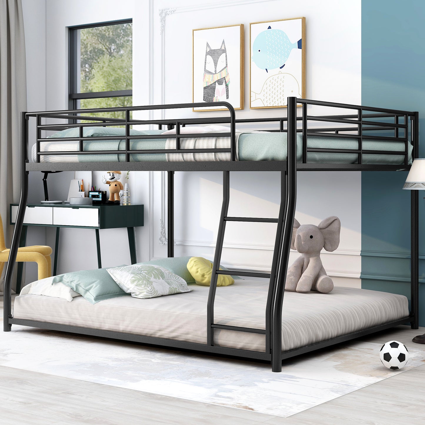 TREATLIFE HOME Metal Floor Bunk Bed Full XL Over Queen, Space-Saving Design, Contemporary Style, Black
