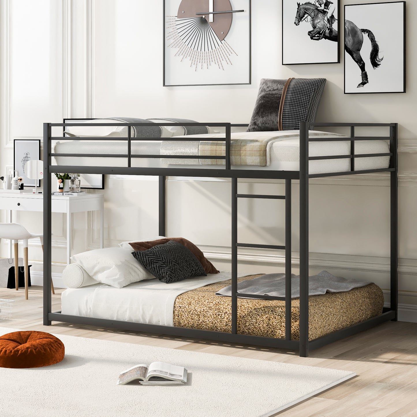 TREATLIFE HOME Full Over Full Metal Bunk Bed with Ladder, Low Design, Modern Style, Black