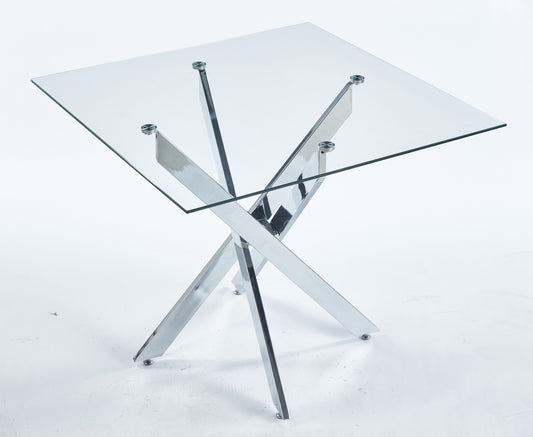 Modern glass side table with polished chrome crossed legs ideal for living rooms
