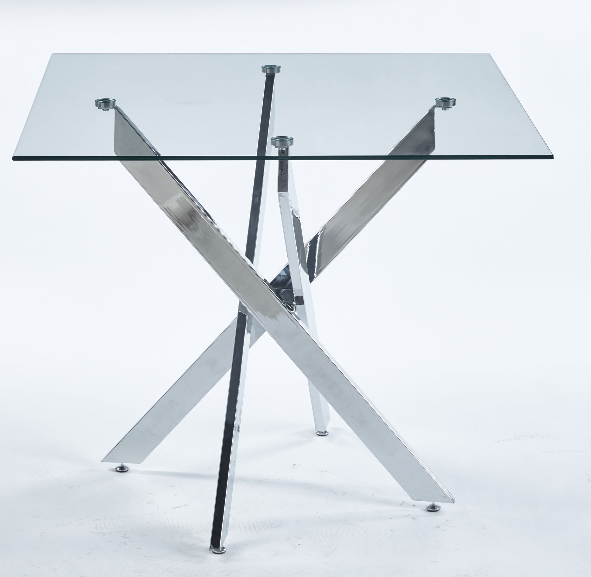 Square glass dining table with polished chrome Xshaped pedestal base