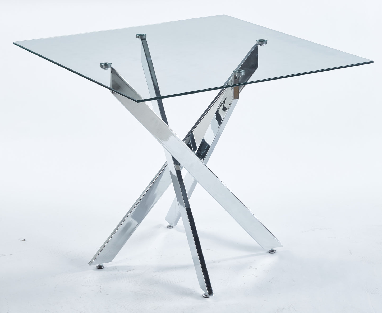 Modern square glass dining table with polished chrome crisscross legs and silver accents