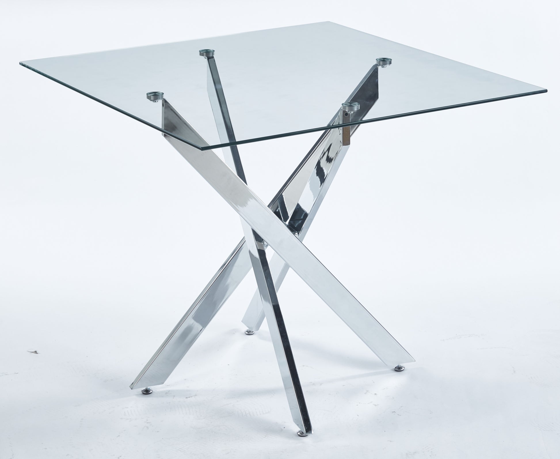 Modern square glass dining table with polished chrome crisscross legs and silver accents