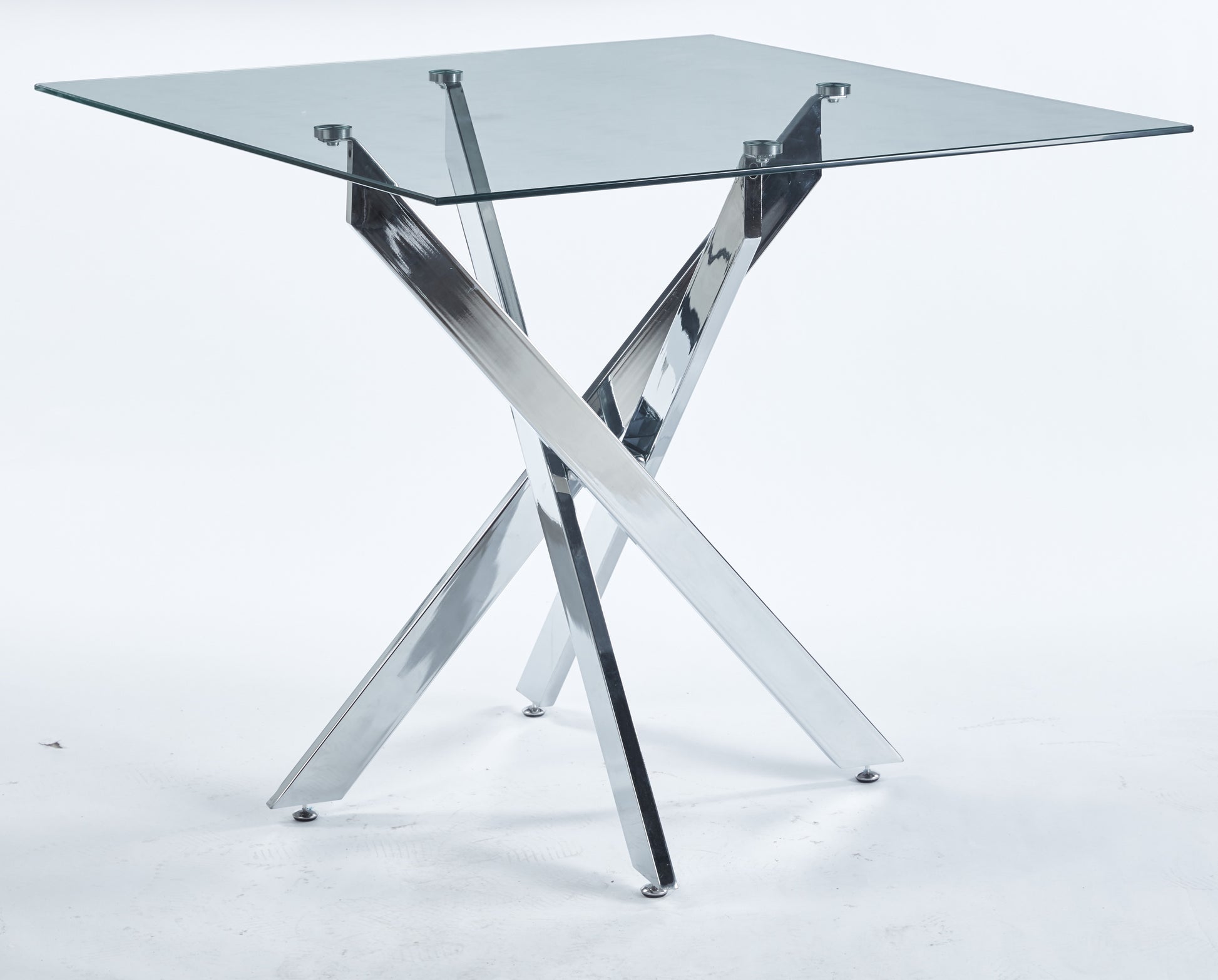 Modern square glass table with a polished chrome Xshaped base