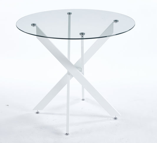 Modern round glass dining table with a white crisscross base for small spaces