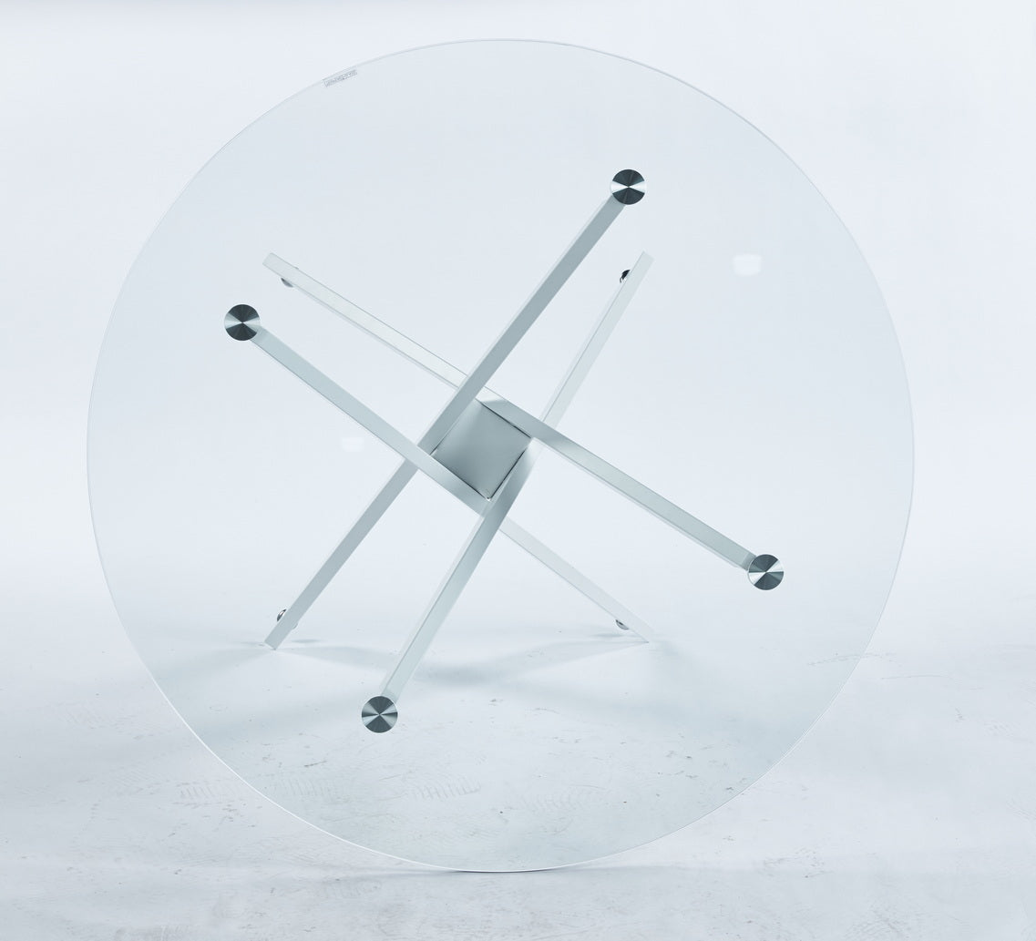 Modern round glass dining table with silver metal pedestal base