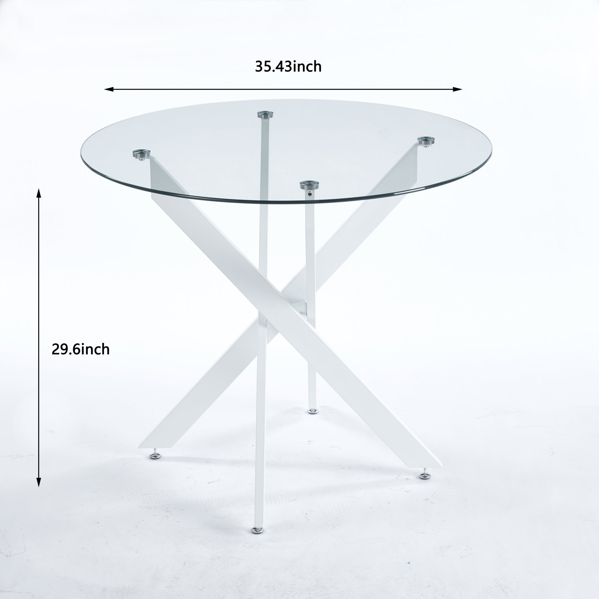 Round glass top dining table with white crisscross metal base