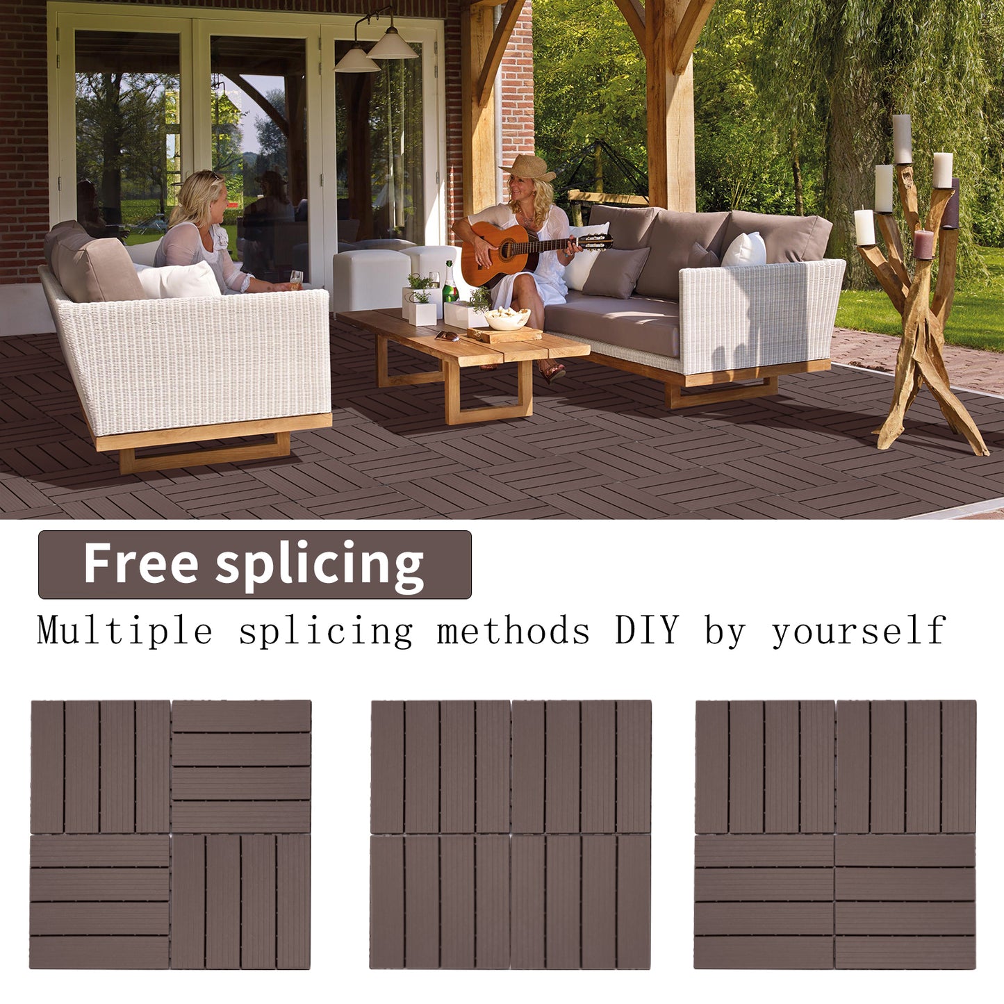 Brown composite decking tiles arranged in a herringbone pattern on a patio
