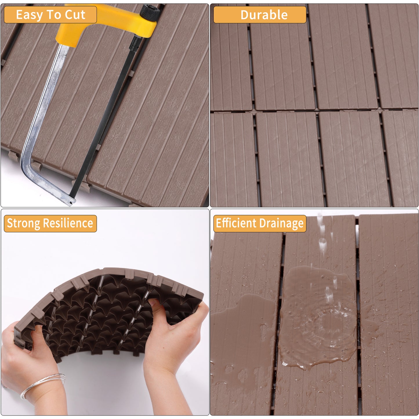 Brown composite decking tile being cut with a yellowhandled saw for easy installation
