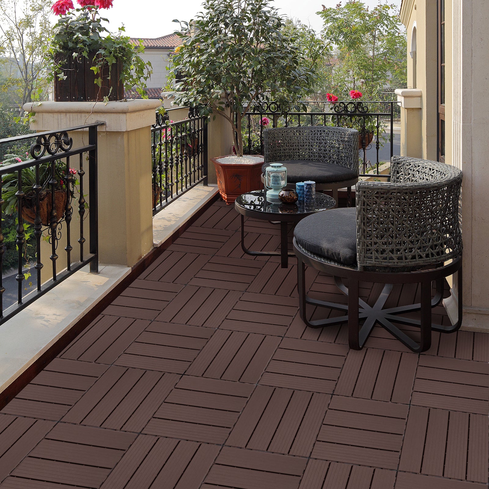 Brown interlocking deck tiles with a woodgrain texture perfect for outdoor patios