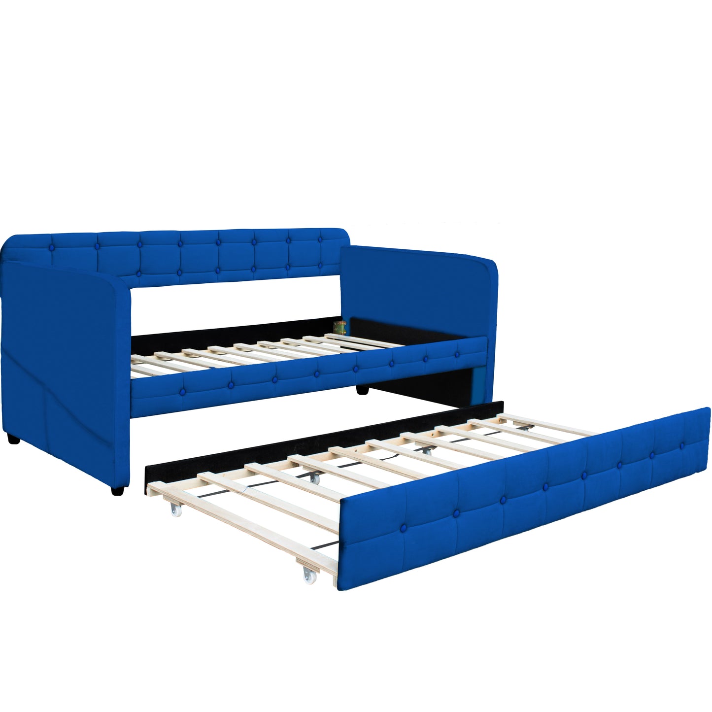 Tufted blue velvet daybed with a pullout trundle bed frame