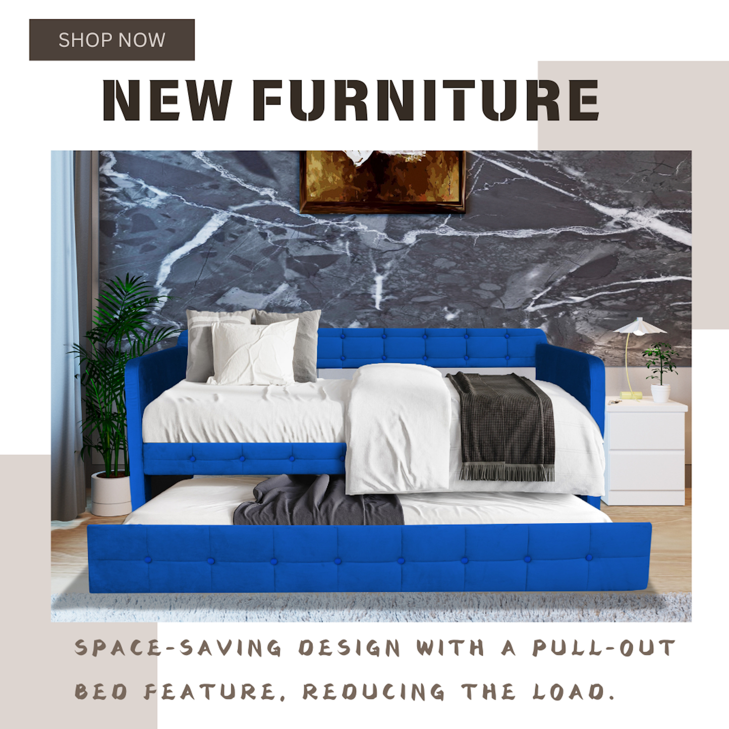 Comfortable Blue Upholstered Twin Size Daybed with Pull-Out Trundle