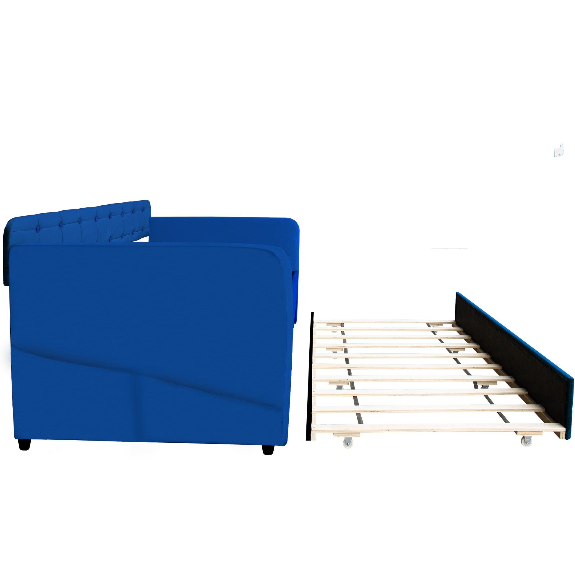 Blue velvet tufted sofa with pullout trundle bed frame