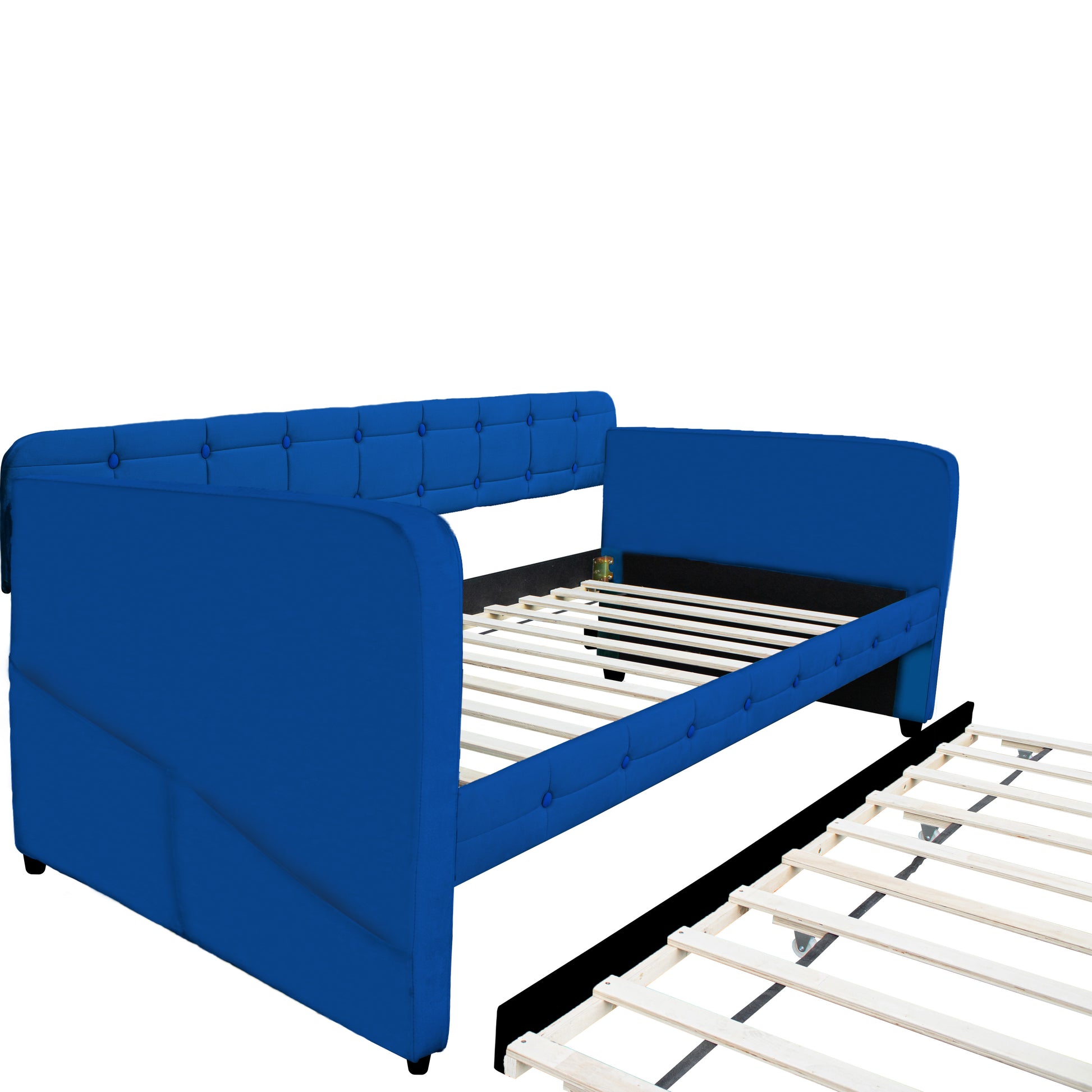 Blue velvet tufted daybed with pullout trundle frame partially extended
