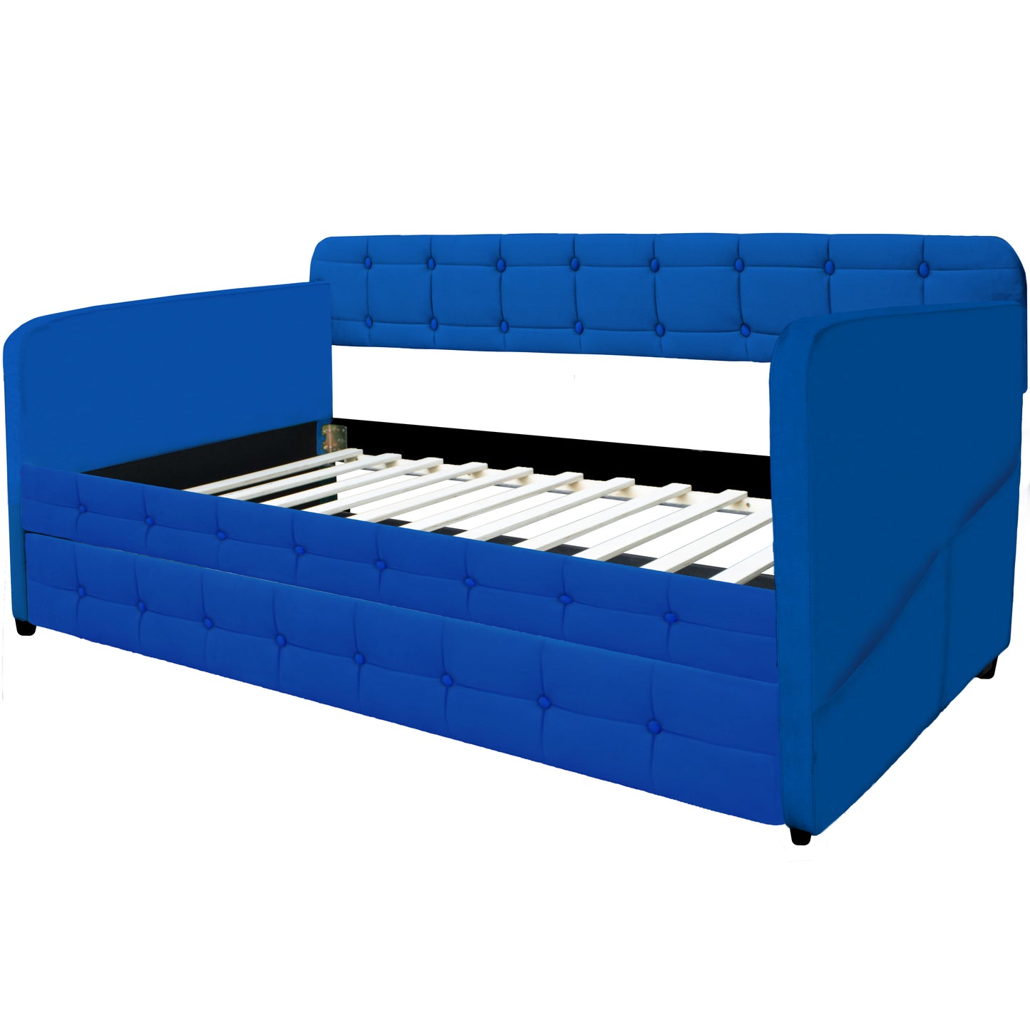 Tufted cobalt blue upholstered daybed with slatted mattress support