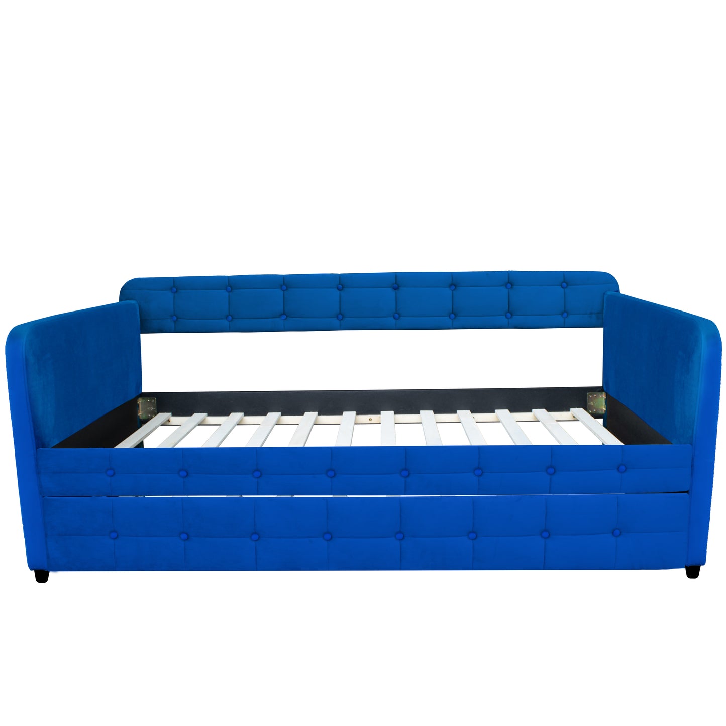 Blue velvet tufted daybed with integrated slats and headboard