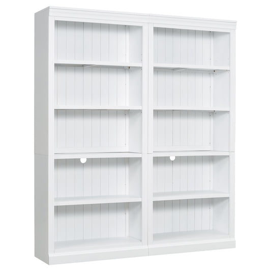 White tall bookcase with fluted side panels and six adjustable shelves for home library organization