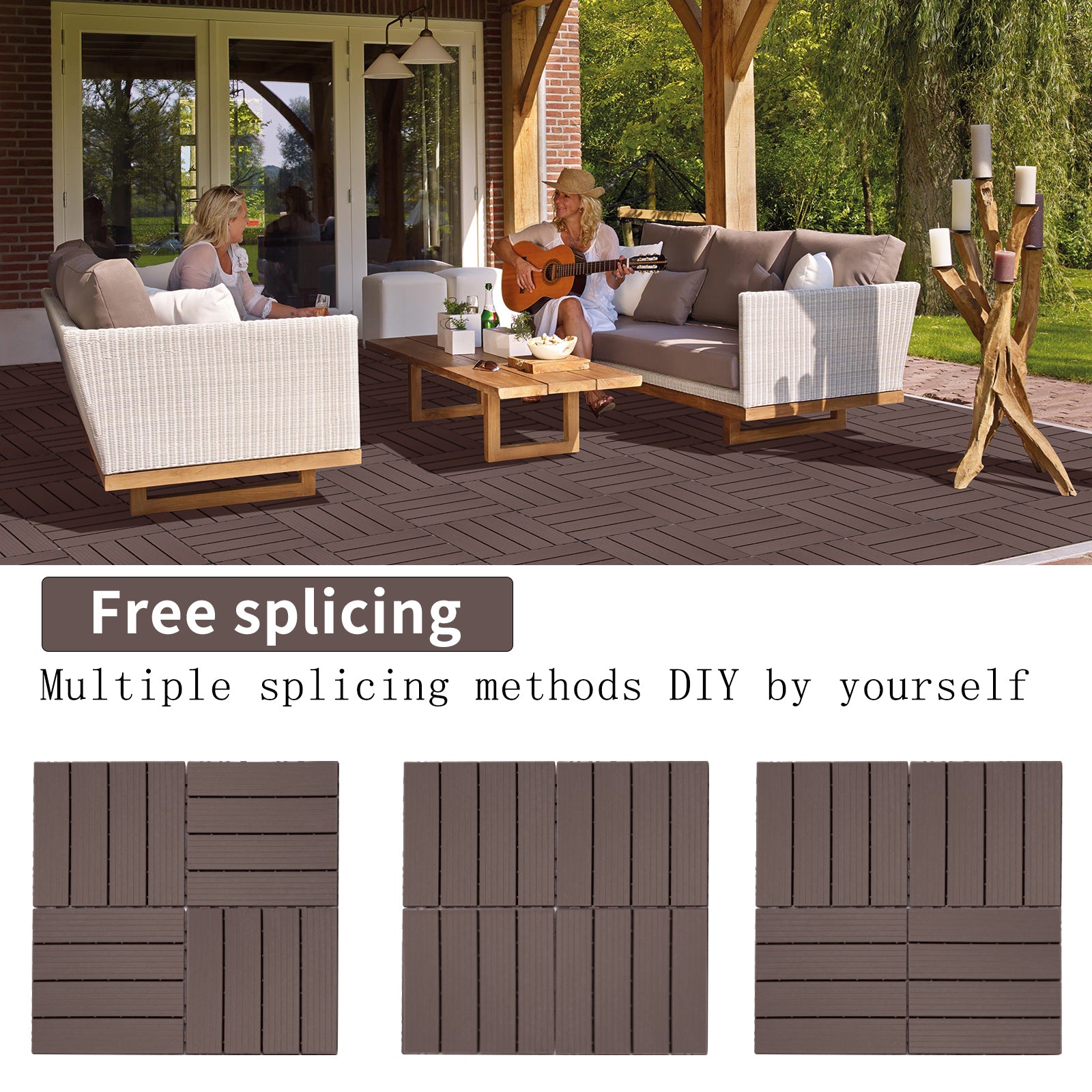 Brown interlocking deck tiles arranged in a herringbone pattern on a patio