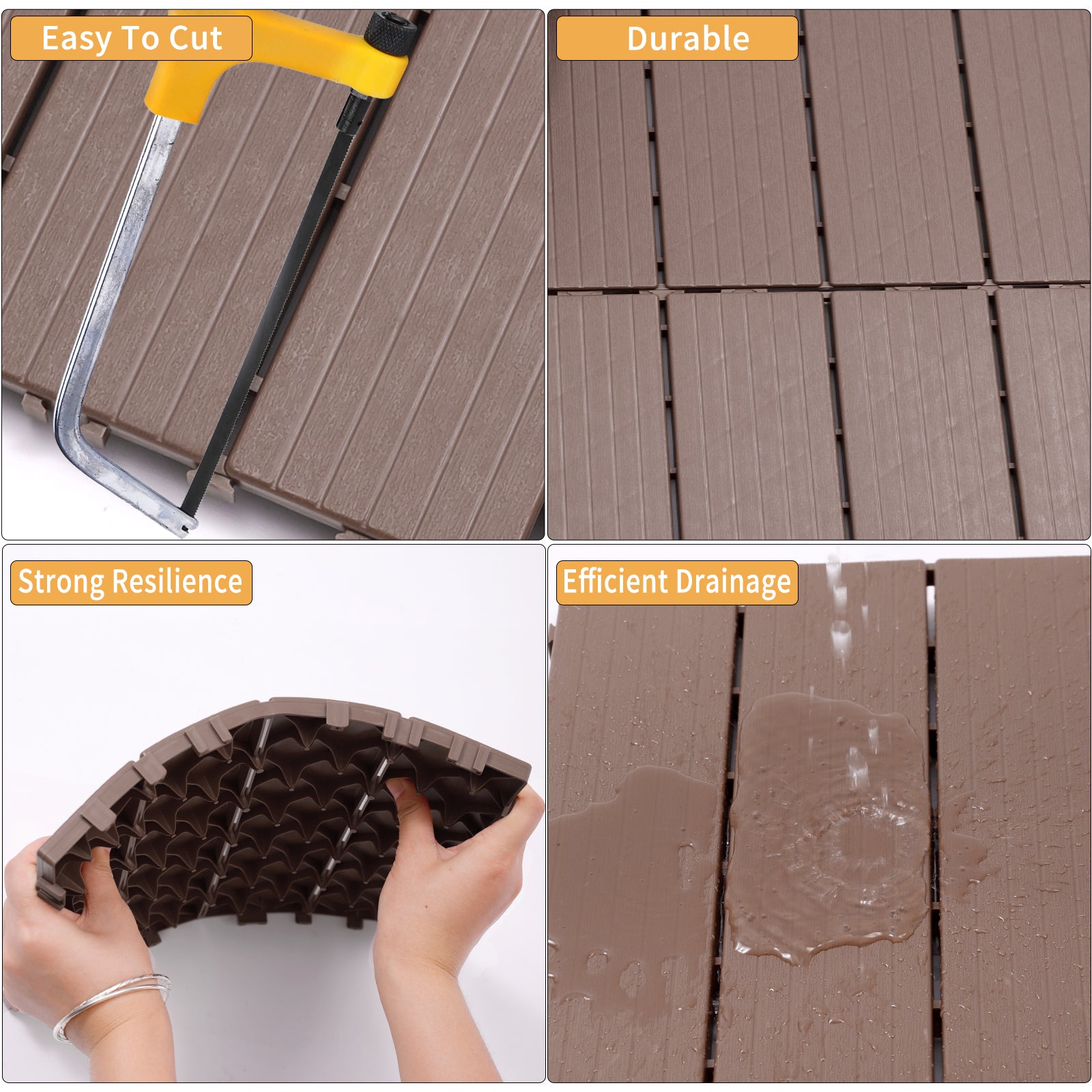 Brown composite deck tile being cut with a handsaw illustrating easy installation