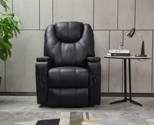 Plush black leather recliner with padded headrest and armrests featuring convenient side pockets