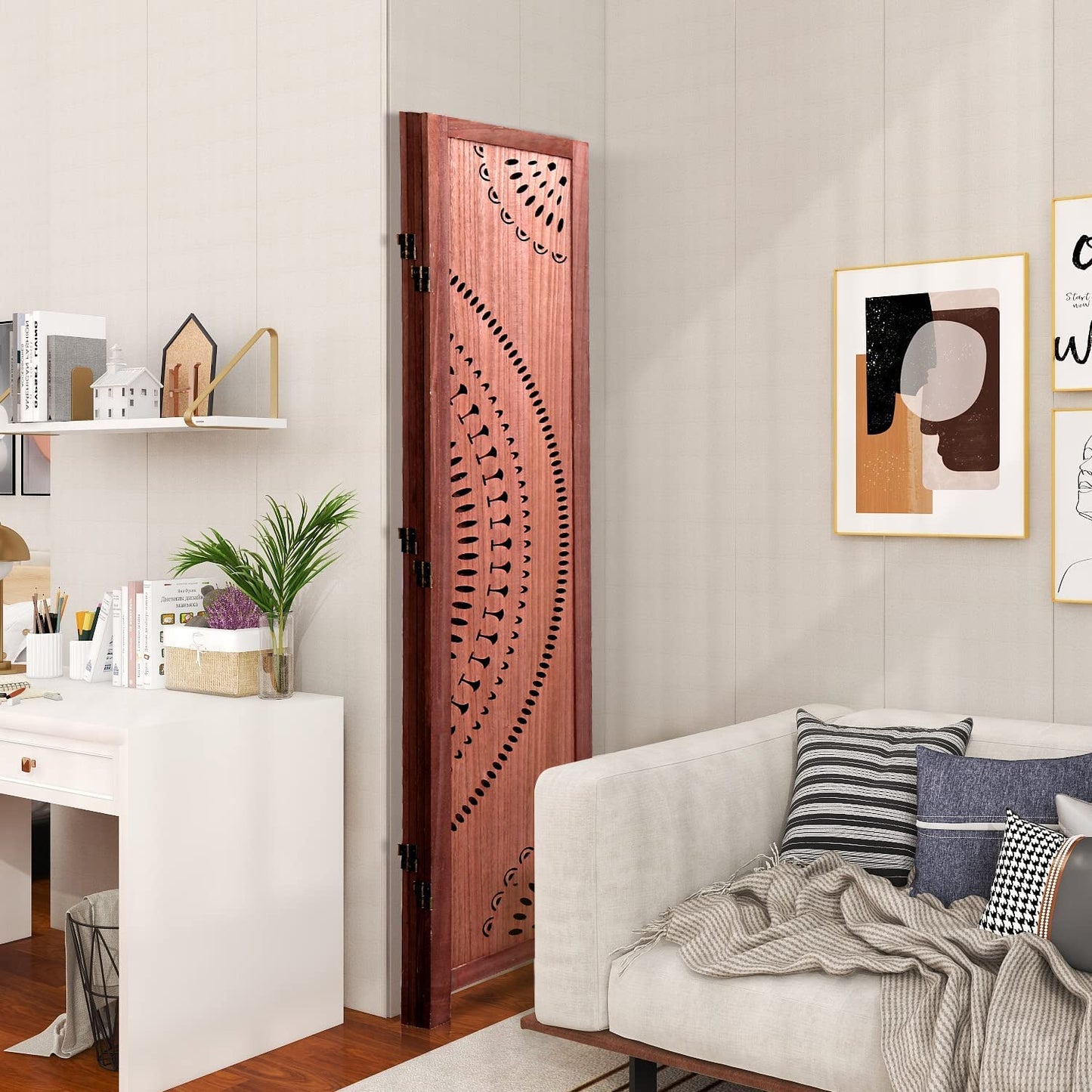 Wooden room divider with intricate carved pattern perfect for bohemian decor