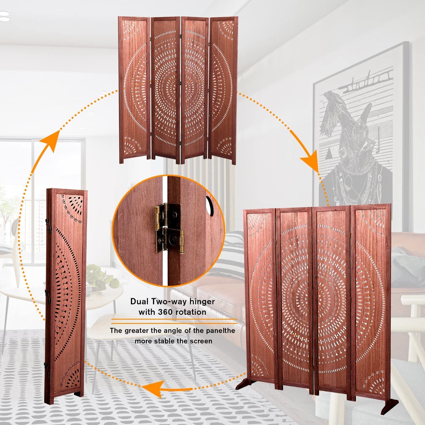 Wooden room divider with intricate circular cutout design and dual hinges