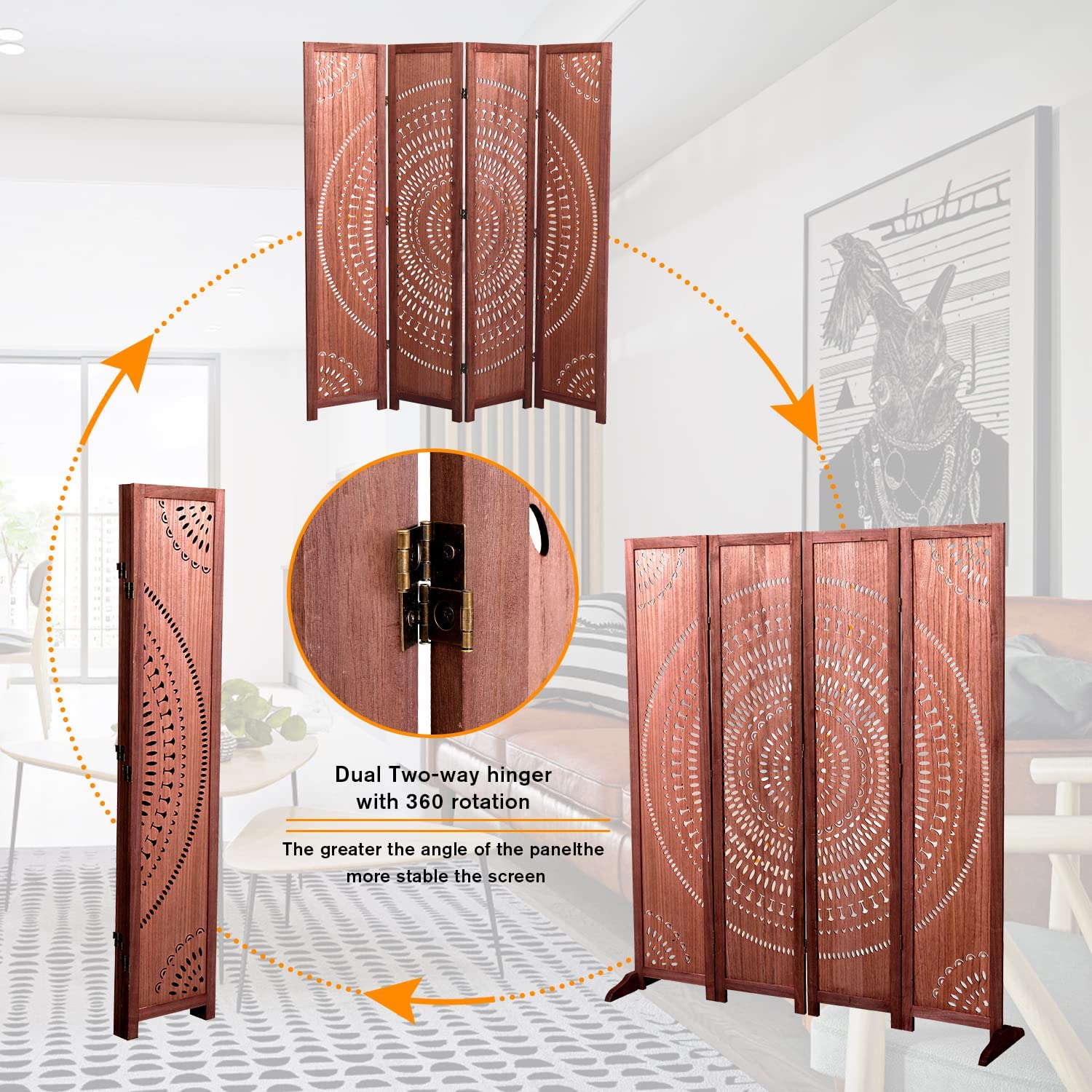 Wooden room divider with intricate circular cutout design and dual hinges