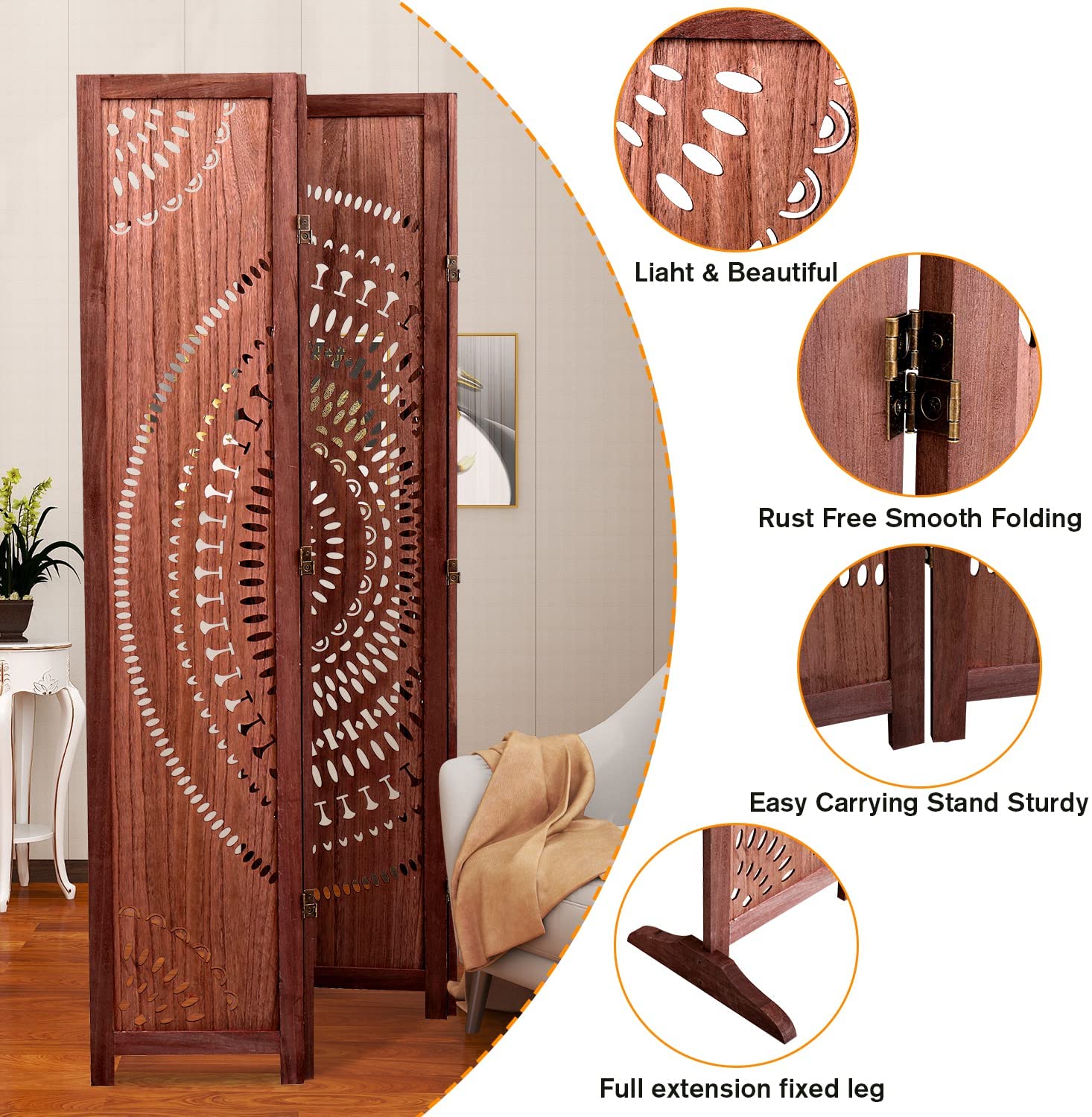 Brown wooden room divider with intricate carved patterns four panels