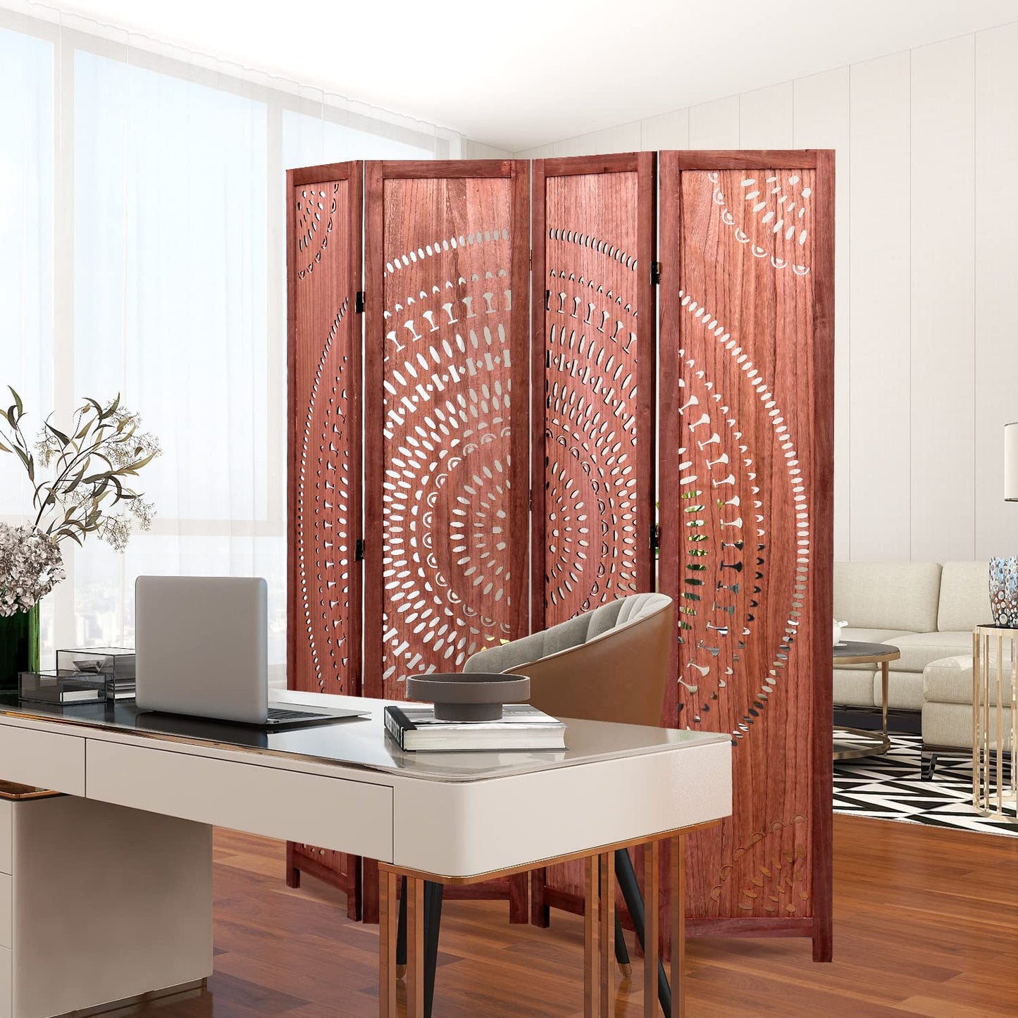 panel distressed wood room divider with intricate mandala cutout design