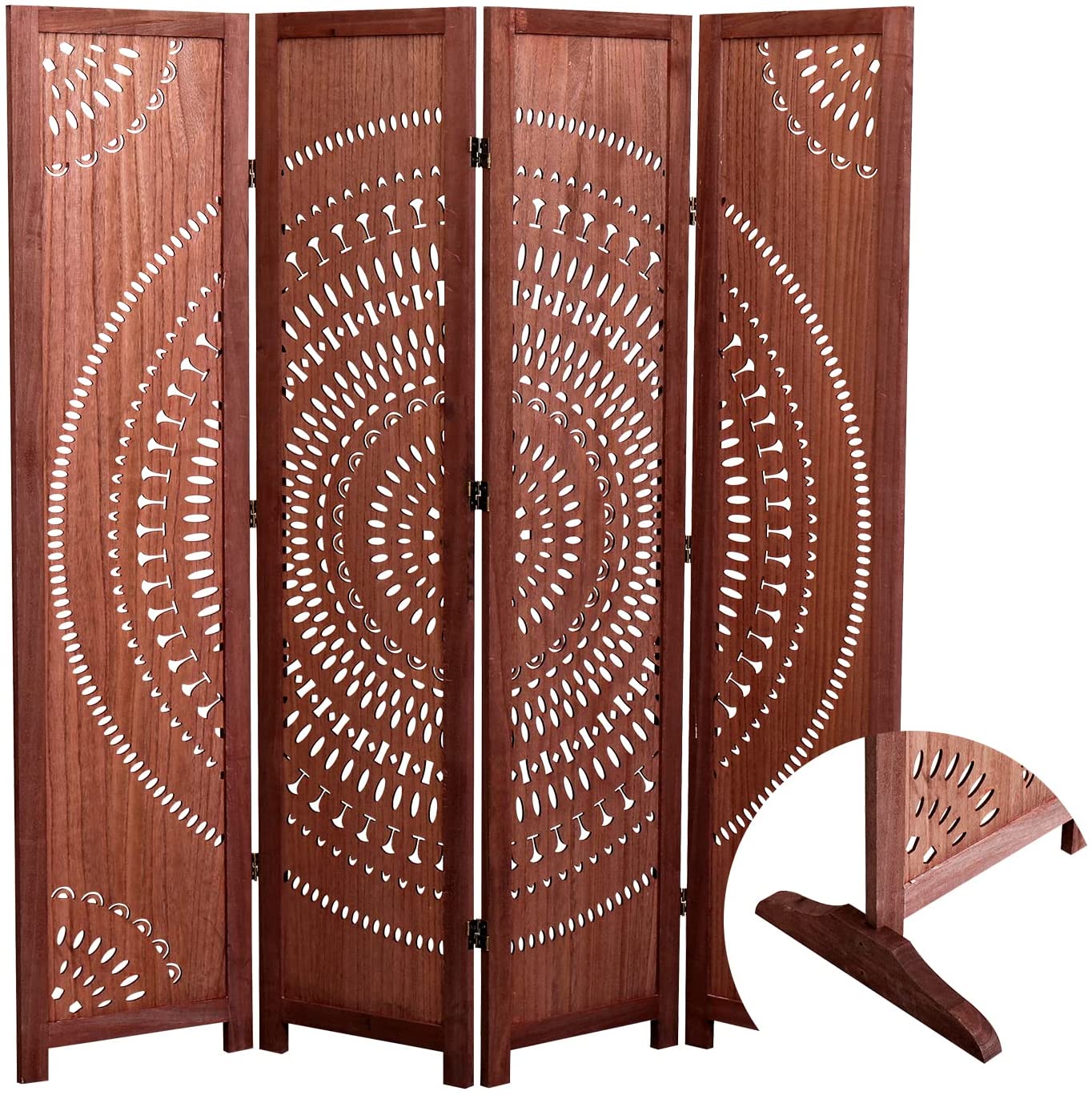 Fourpanel mahogany room divider screen with intricate carved sunburst pattern