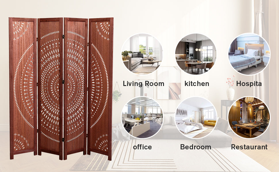 Fourpanel wooden room divider with intricate circular cutouts and geometric accents