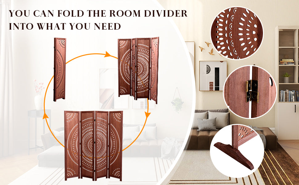 Wooden room divider screen with intricate circular carvings and foldable design