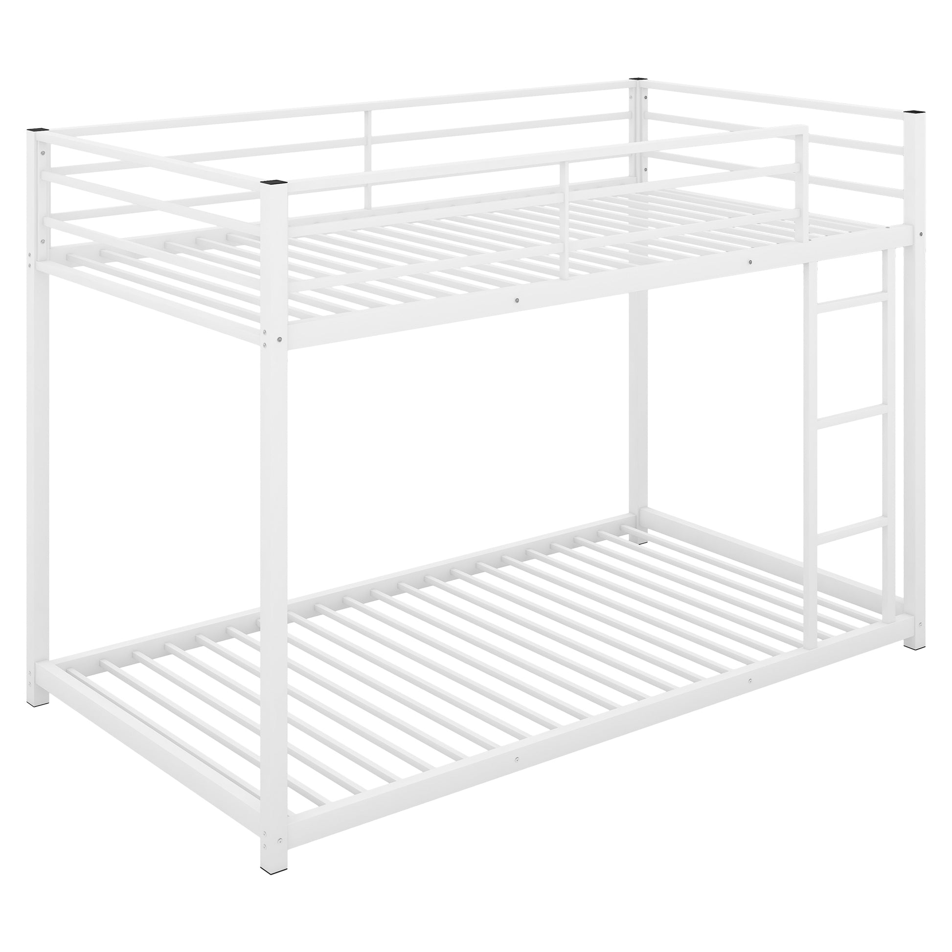 White metal twin over twin bunk bed with ladder