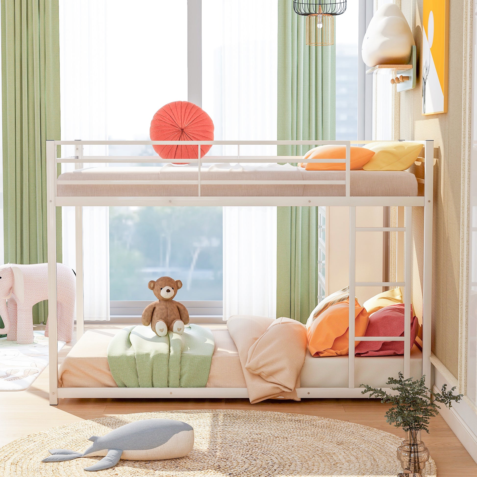 White metal twin over twin bunk bed with colorful bedding