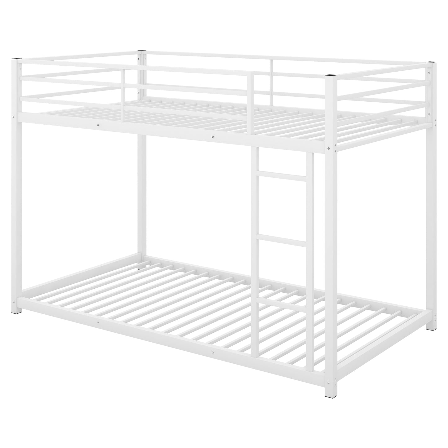 White metal twin over twin bunk bed with ladder and guardrails