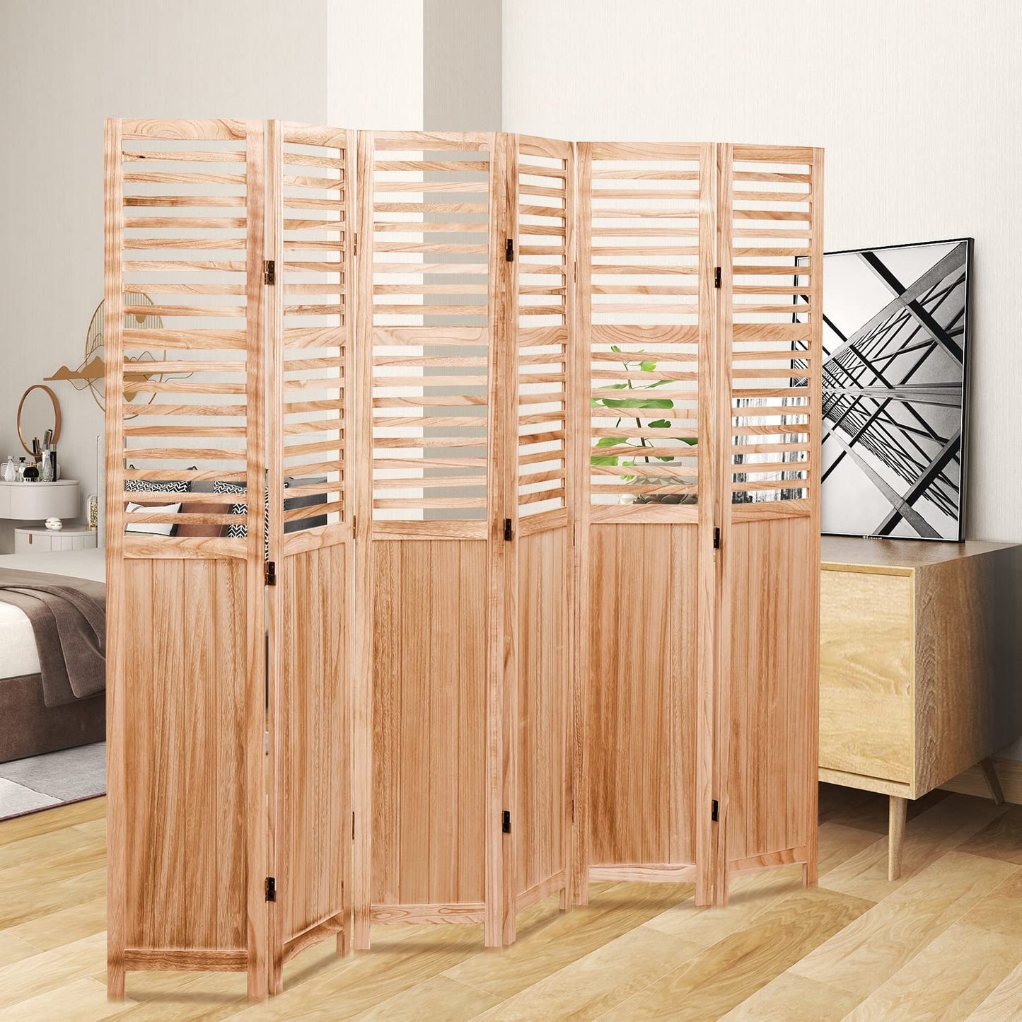 Natural wood panel room divider with louvered top and solid bottom panels for privacy