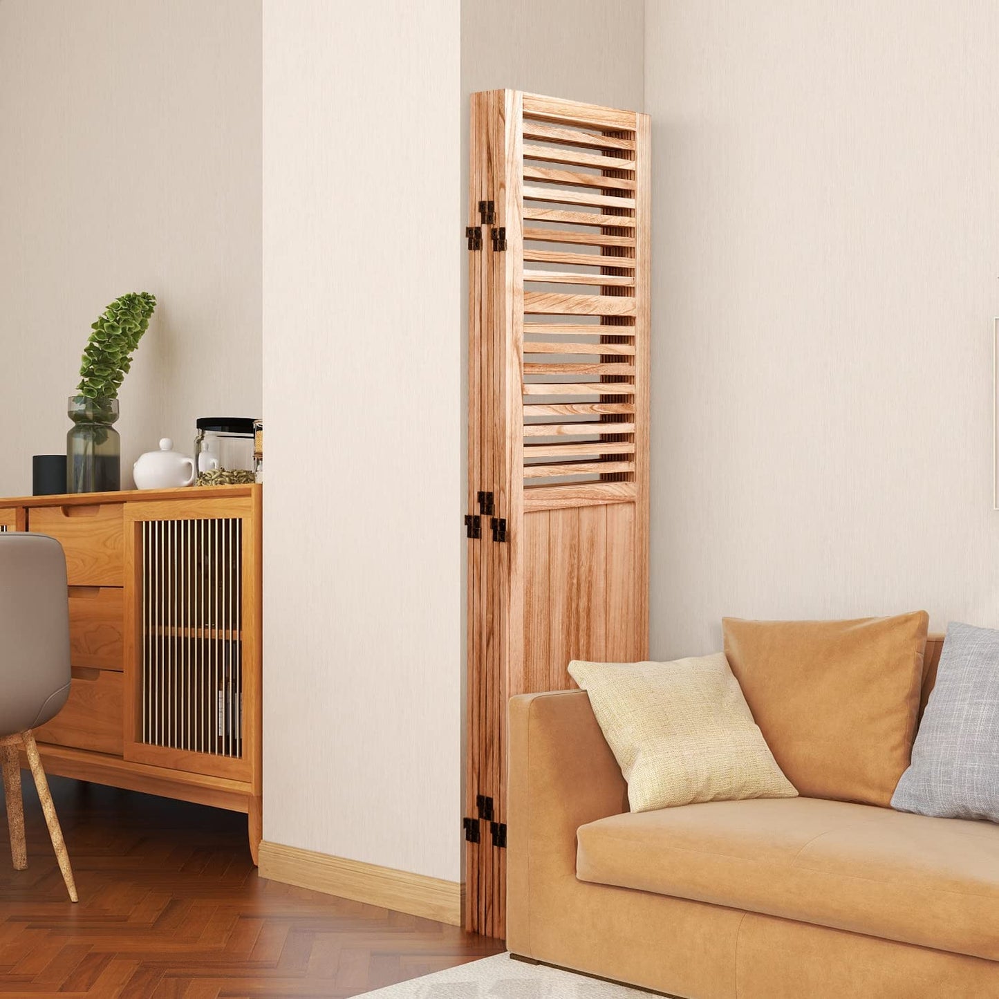 Foldable wooden room divider with slatted design