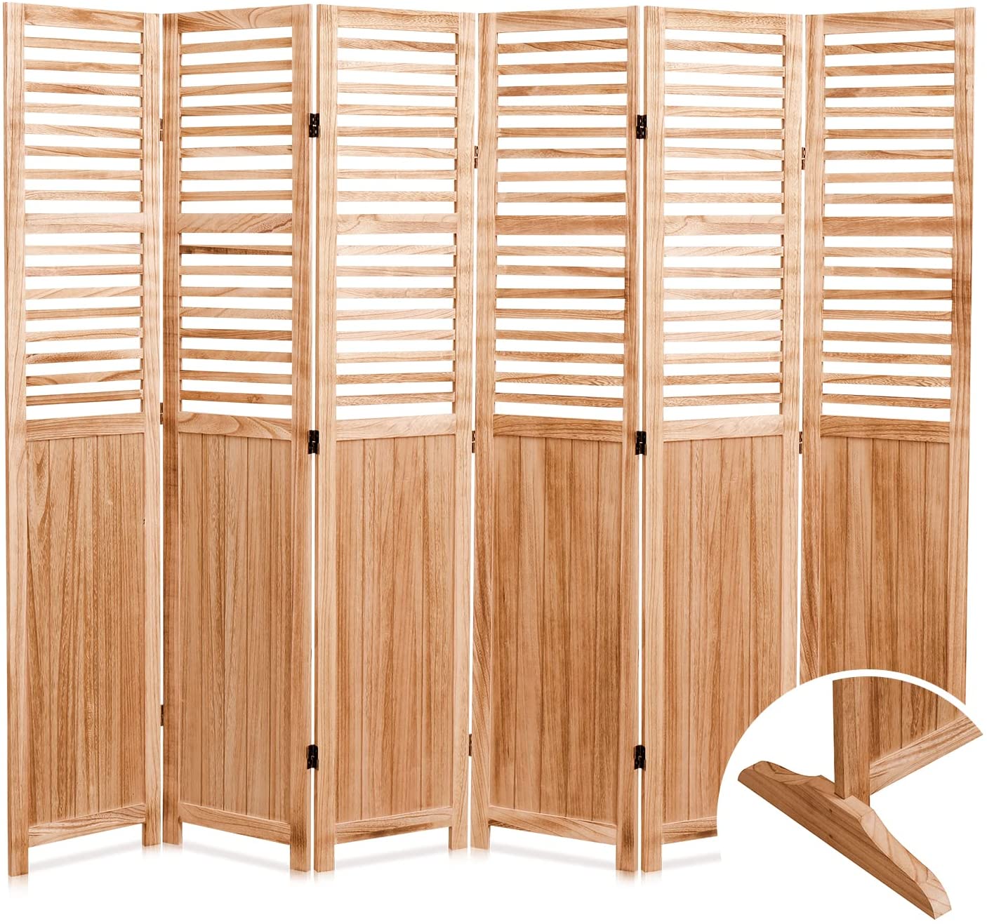 Natural wood panel room divider with slatted top for privacy