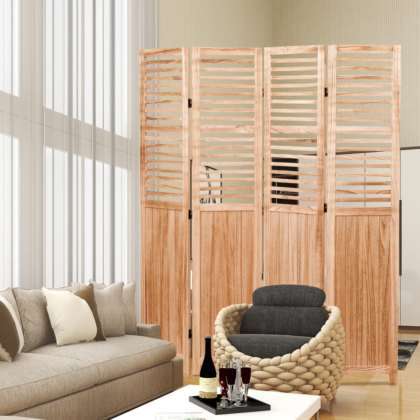 Natural wood room divider with slatted panels providing privacy and accentuating living spaces