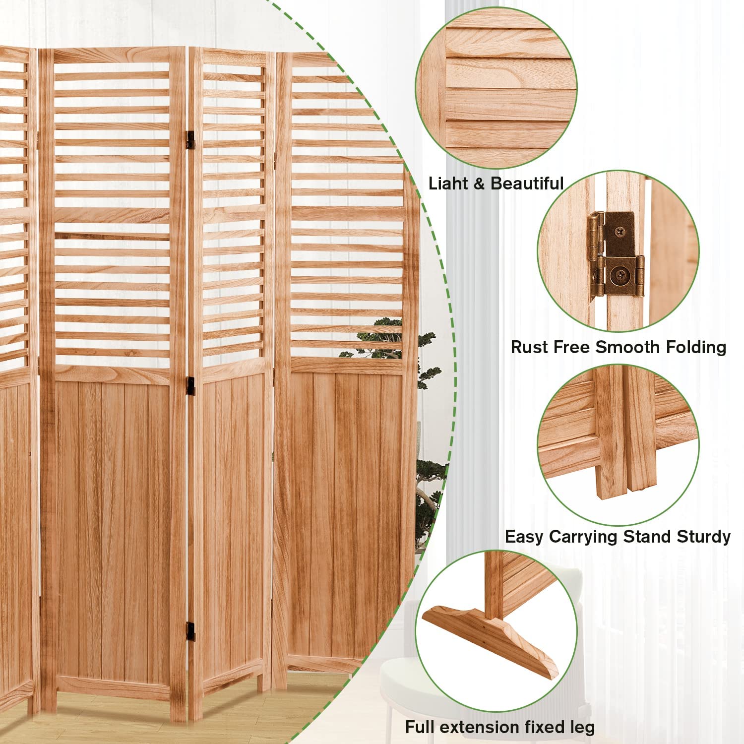 Natural wood room divider with slatted panels ideal for creating privacy