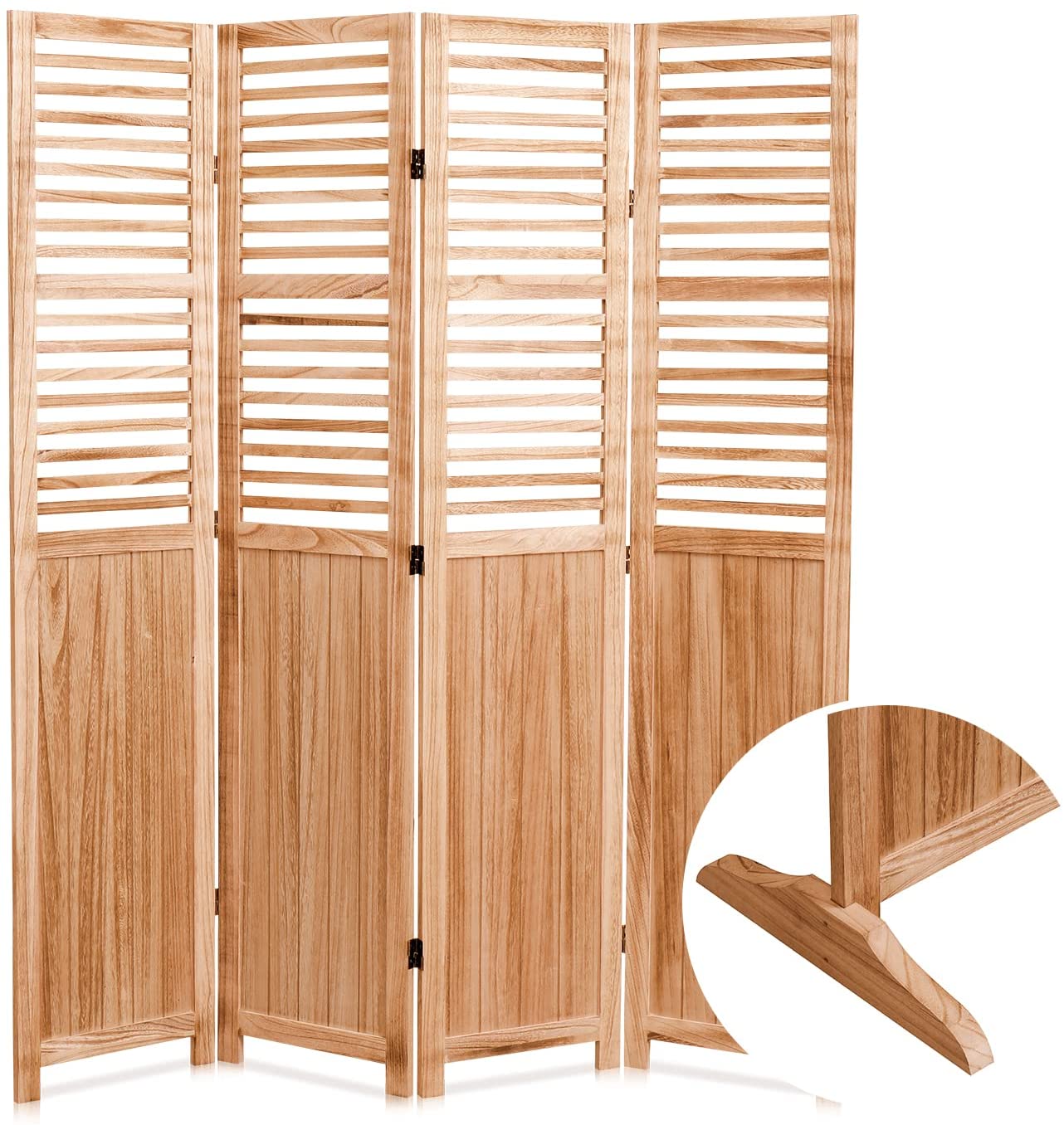 Natural wood room divider with slatted top panels for privacy and ventilation