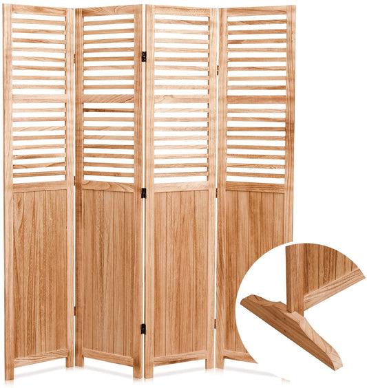 Natural wood room divider with slatted top panels for privacy and ventilation