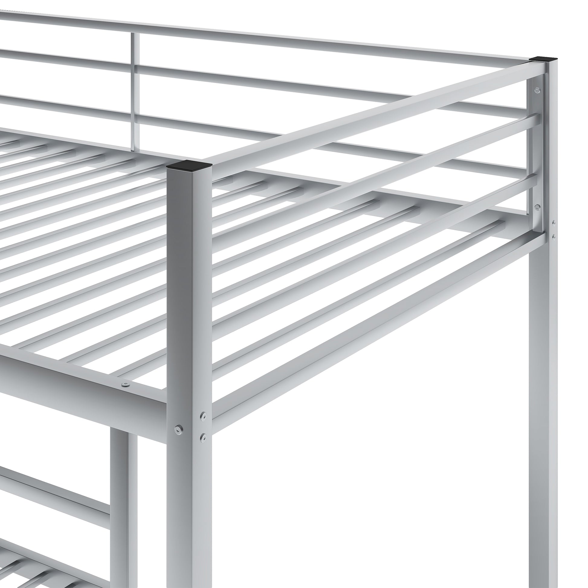 Silver metal bunk bed frame detail with guardrail